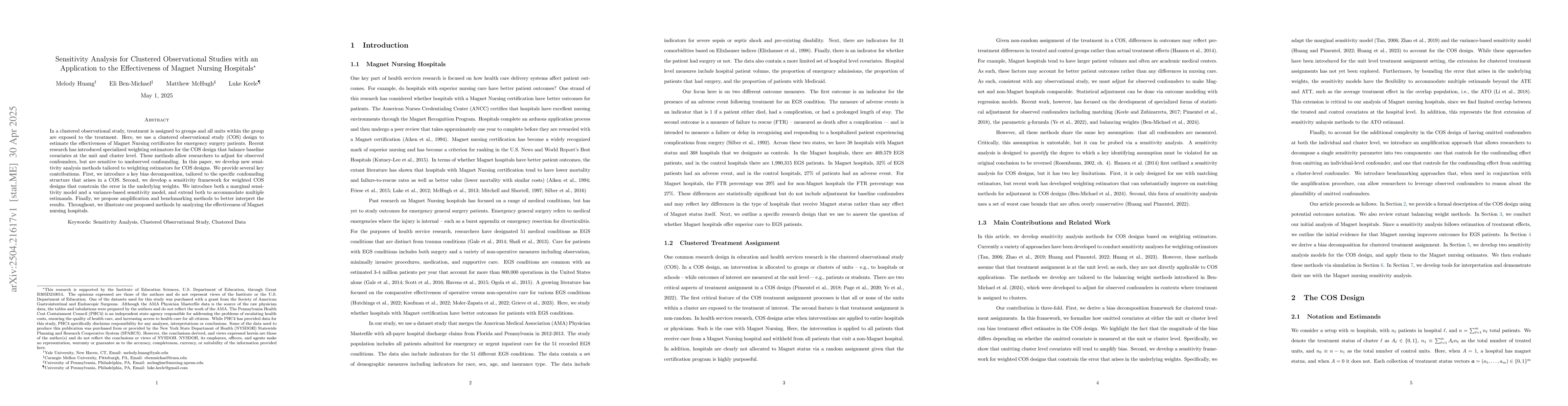 Thumbnail for Sensitivity Analysis for Clustered Observational Studies with an
  Application to the Effectiveness of Magnet Nursing Hospitals