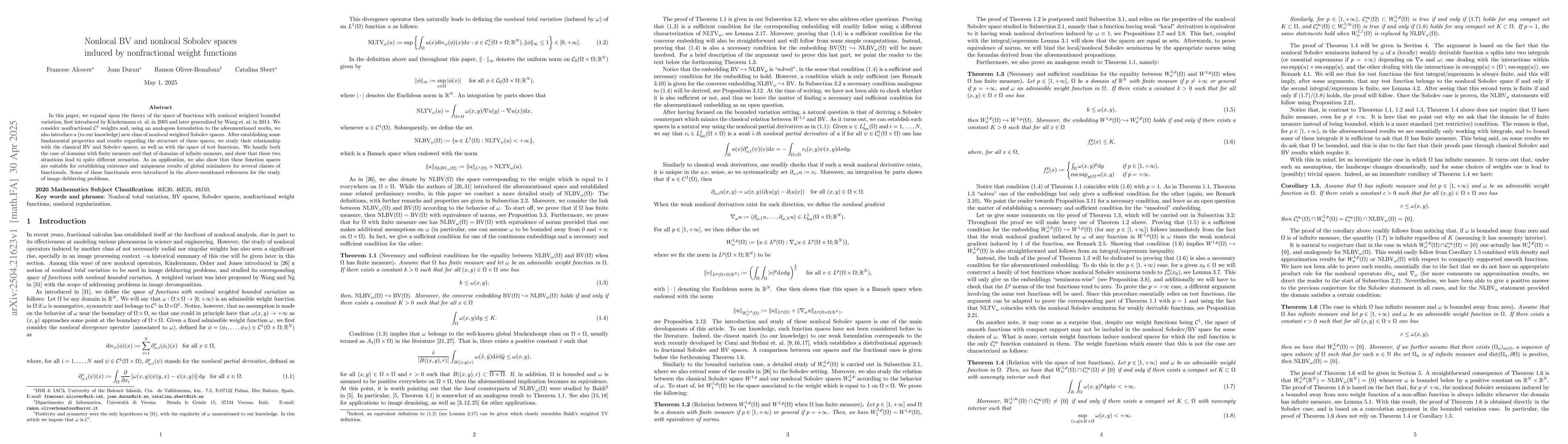 Thumbnail for Nonlocal BV and nonlocal Sobolev spaces induced by nonfractional weight
  functions