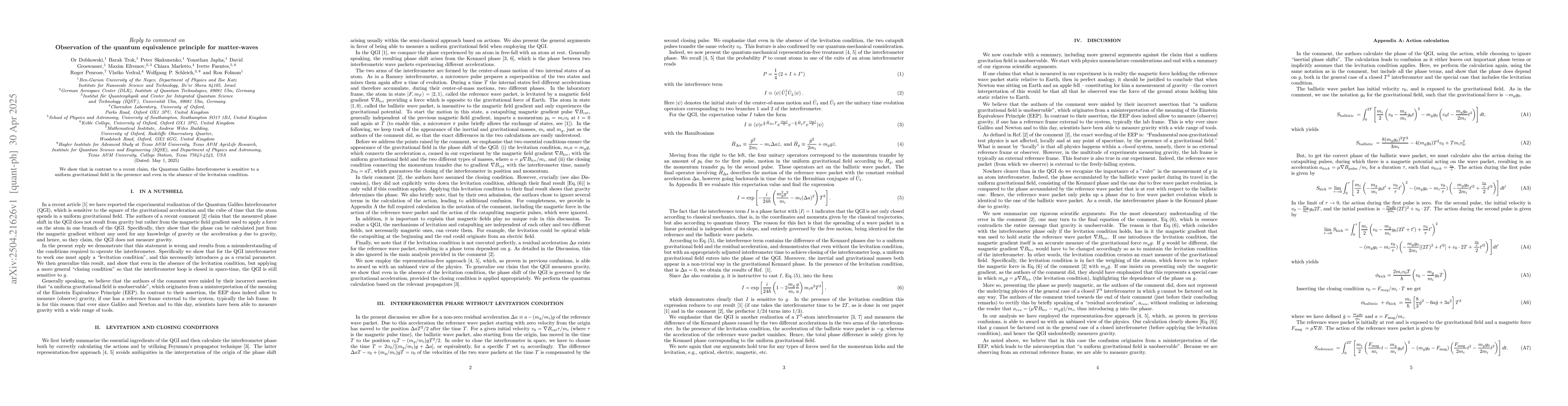 Thumbnail for Reply to comment on: Observation of the quantum equivalence principle
  for matter-waves