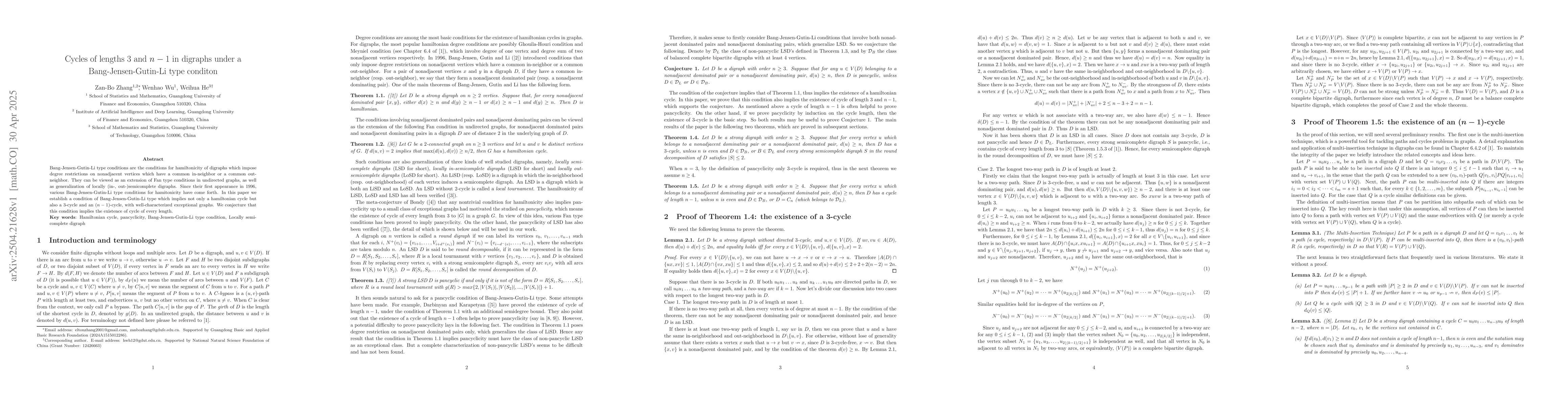 Thumbnail for Cycles of lengths 3 and n-1 in digraphs under a Bang-Jensen-Gutin-Li
  type conditon