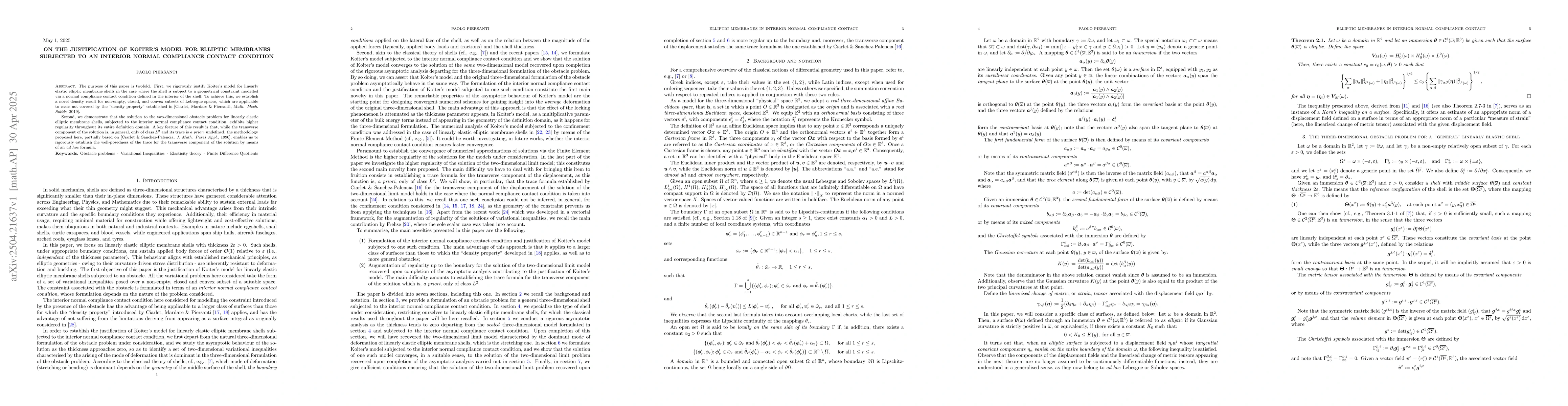 Thumbnail for On the justification of Koiter's model for elliptic membranes subjected
  to an interior normal compliance contact condition