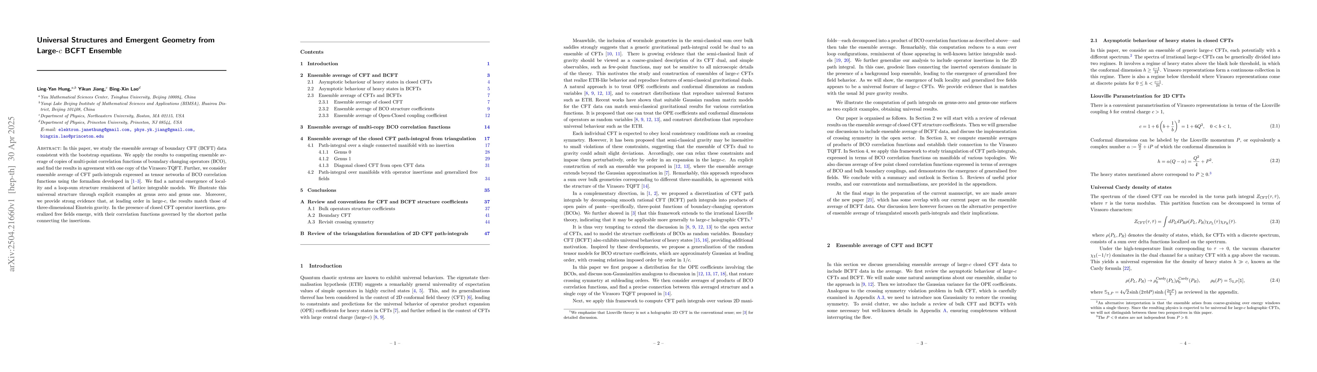 Thumbnail for Universal Structures and Emergent Geometry from Large-$c$ BCFT Ensemble