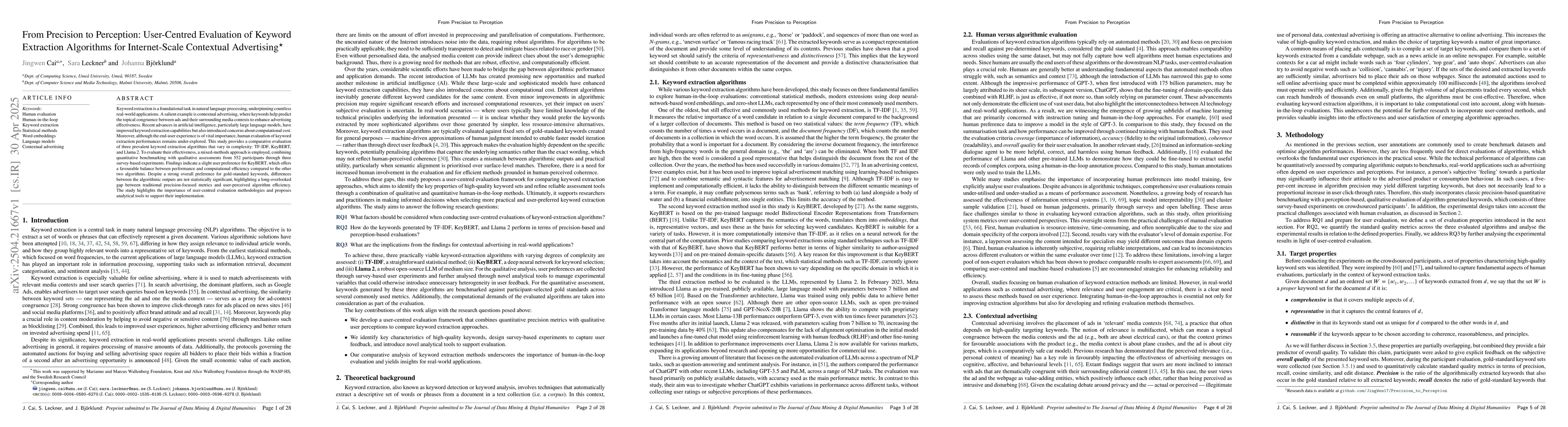 Thumbnail for From Precision to Perception: User-Centred Evaluation of Keyword
  Extraction Algorithms for Internet-Scale Contextual Advertising