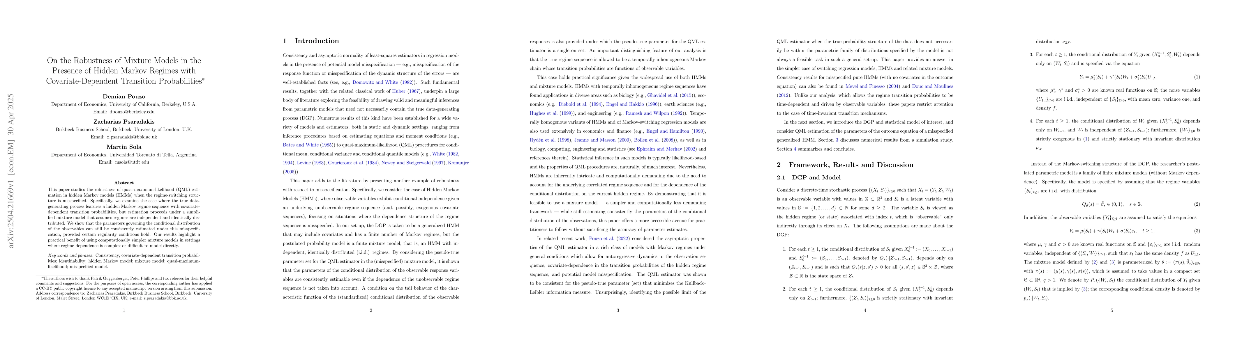 Thumbnail for On the Robustness of Mixture Models in the Presence of Hidden Markov
  Regimes with Covariate-Dependent Transition Probabilities