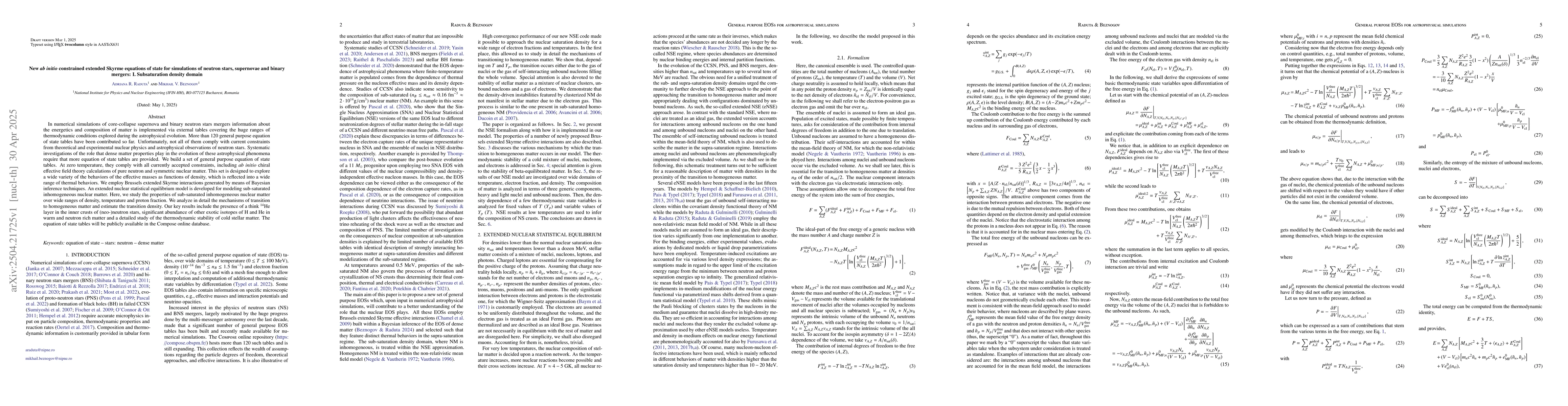 Thumbnail for New {\em ab initio} constrained extended Skyrme equations of state for
  simulations of neutron stars, supernovae and binary mergers: I. Subsaturation
  density domain