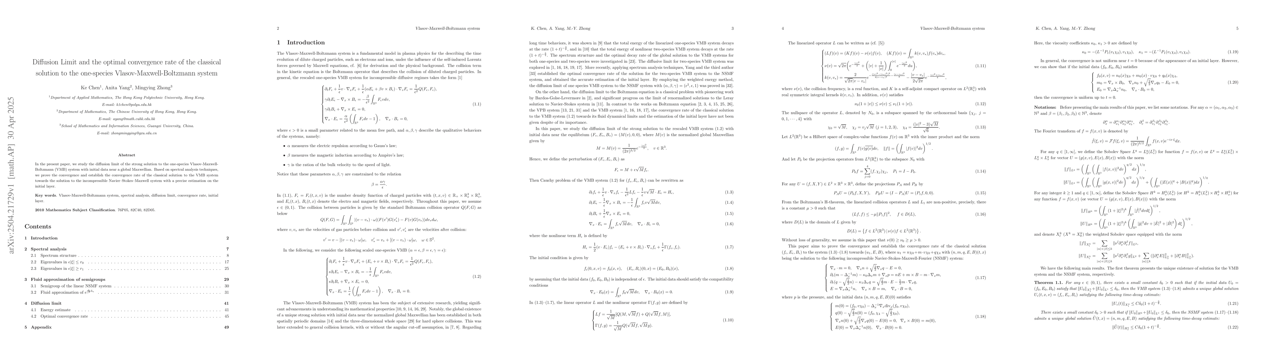 Thumbnail for Diffusion Limit and the optimal convergence rate of the classical
  solution to the one-species Vlasov-Maxwell-Boltzmann system