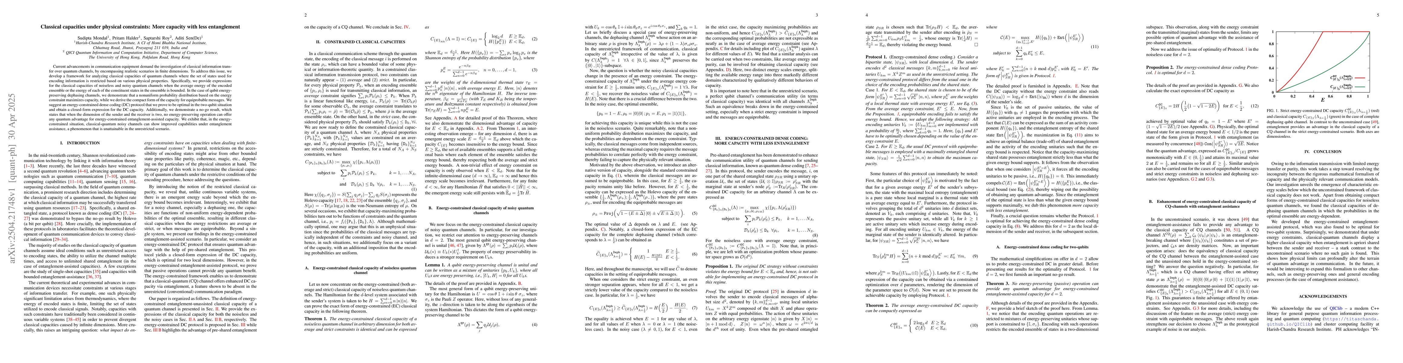 Thumbnail for Classical capacities under physical constraints: More capacity with less
  entanglement
