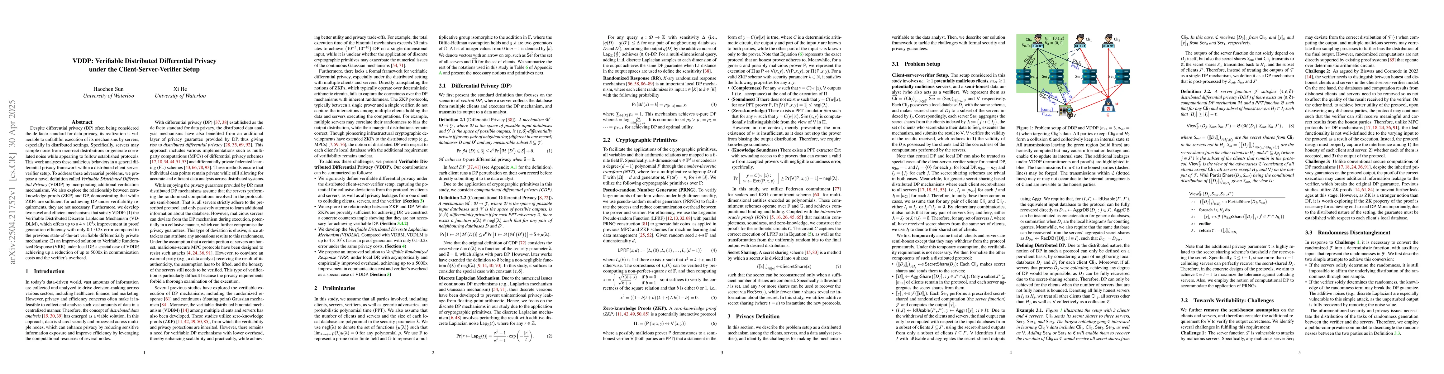 Thumbnail for VDDP: Verifiable Distributed Differential Privacy under the
  Client-Server-Verifier Setup