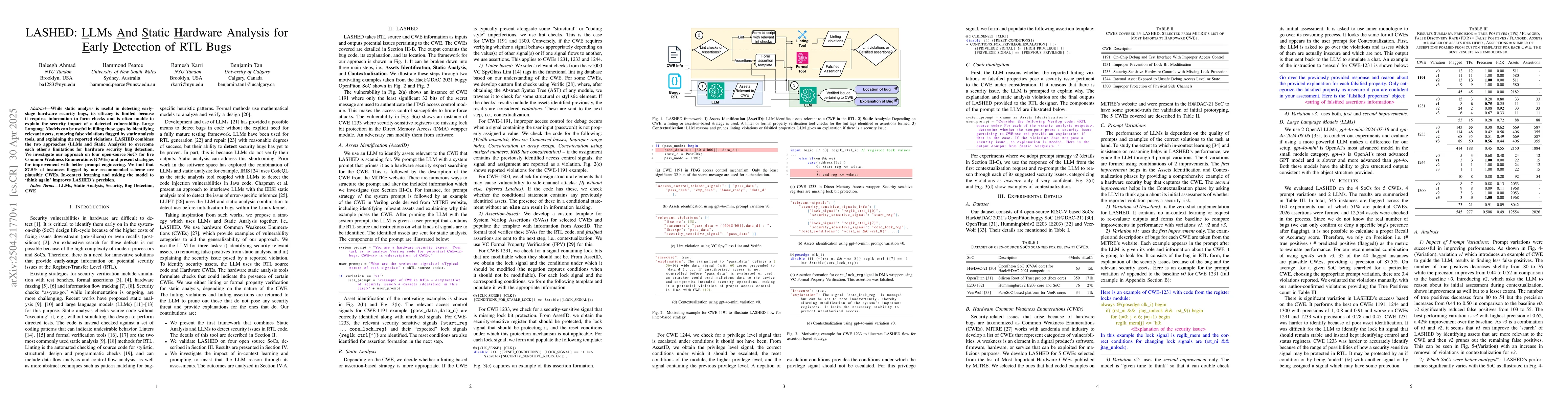 Thumbnail for LASHED: LLMs And Static Hardware Analysis for Early Detection of RTL
  Bugs