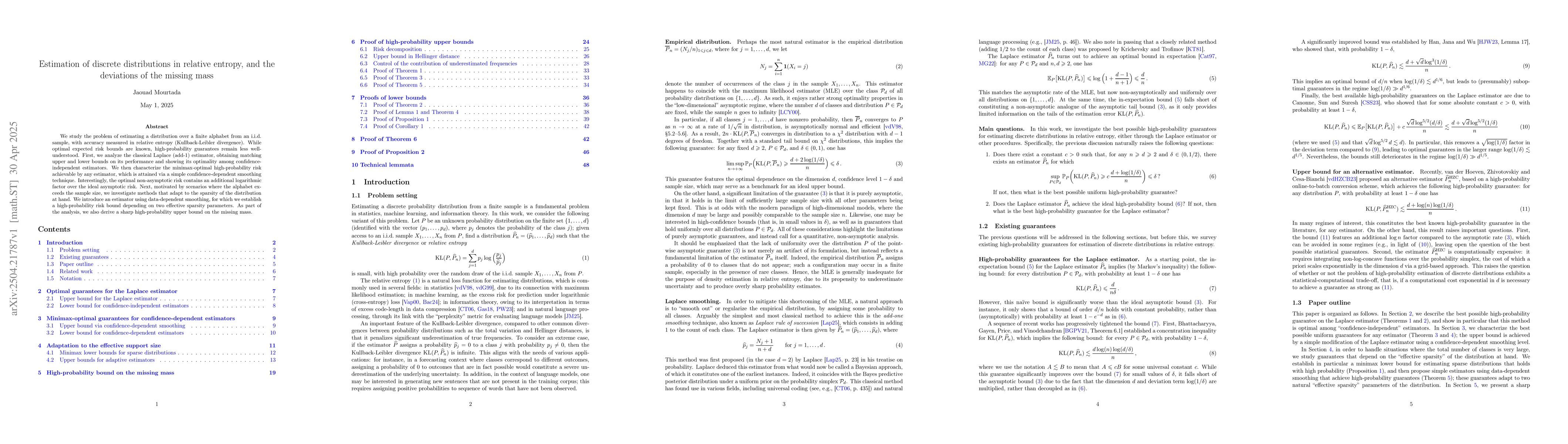 Thumbnail for Estimation of discrete distributions in relative entropy, and the
  deviations of the missing mass