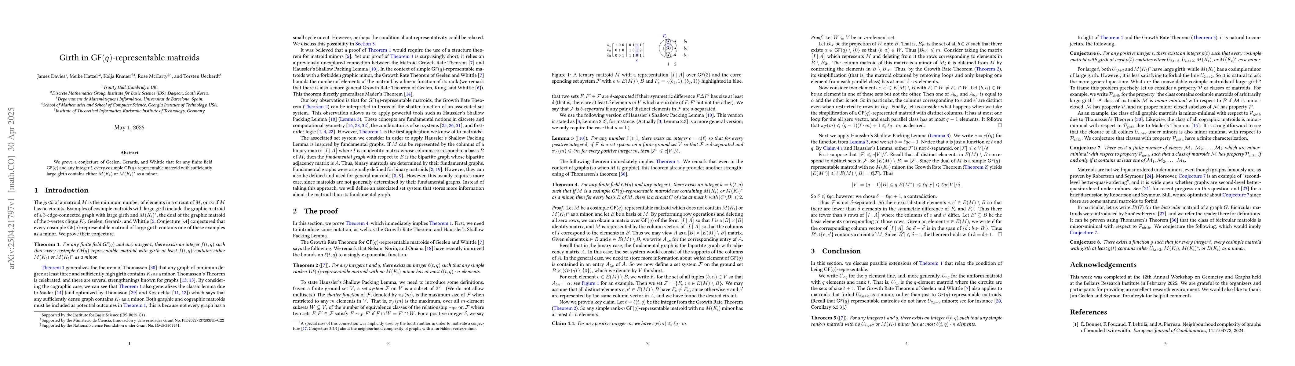 Thumbnail for Girth in $GF(q)$-representable matroids