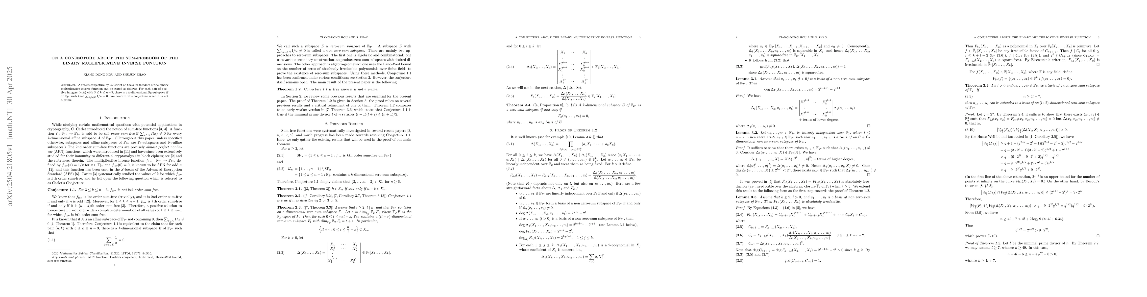 Thumbnail for On a Conjecture About the Sum-Freedom of the Binary Multiplicative
  Inverse Function