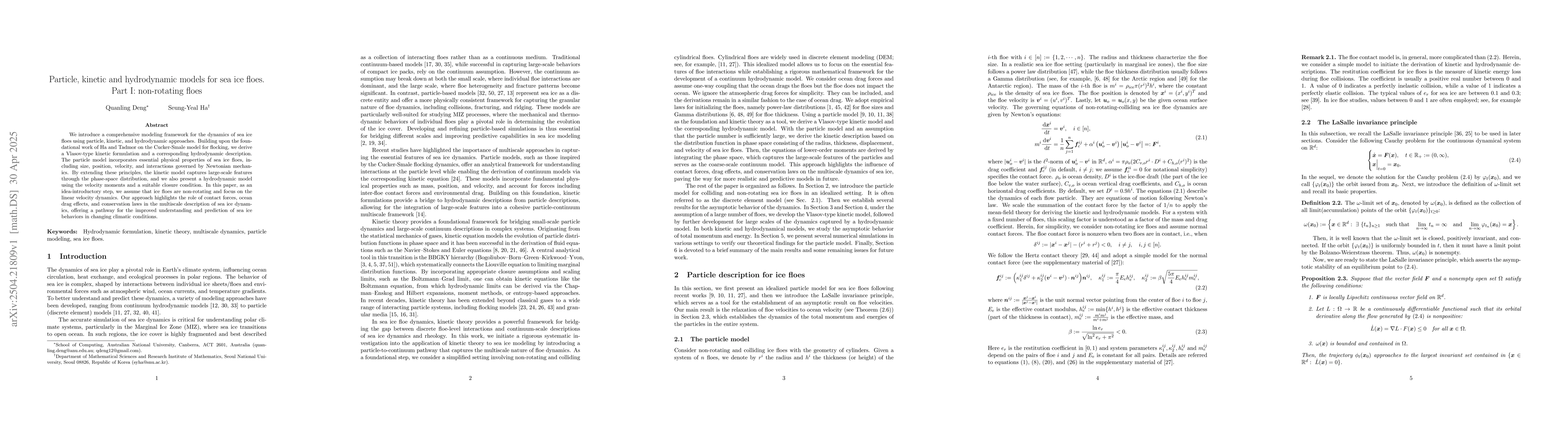 Thumbnail for Particle, kinetic and hydrodynamic models for sea ice floes. Part I:
  non-rotating floes