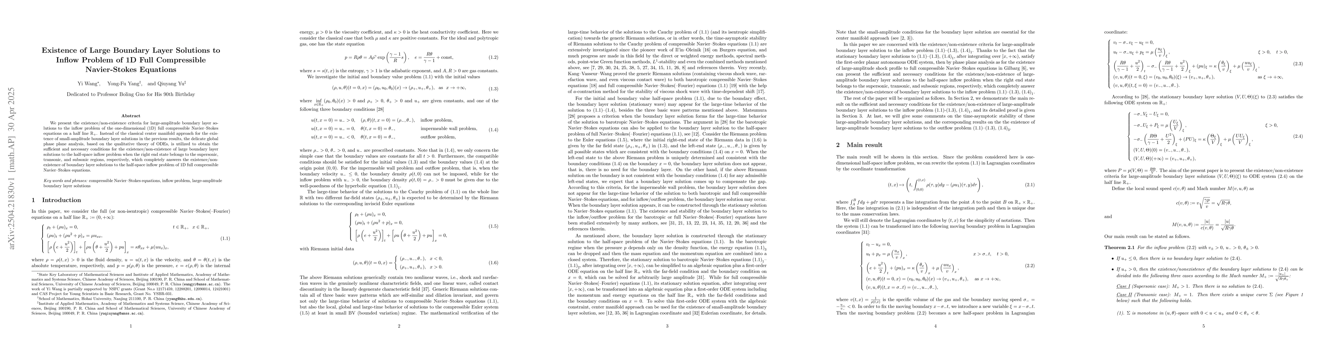 Thumbnail for Existence of Large Boundary Layer Solutions to Inflow Problem of 1D Full
  Compressible Navier-Stokes Equations