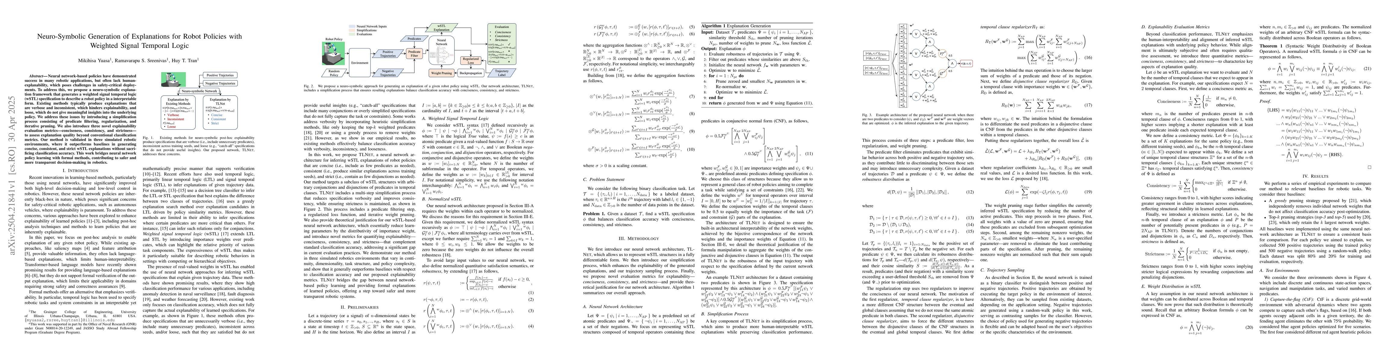 Thumbnail for Neuro-Symbolic Generation of Explanations for Robot Policies with
  Weighted Signal Temporal Logic