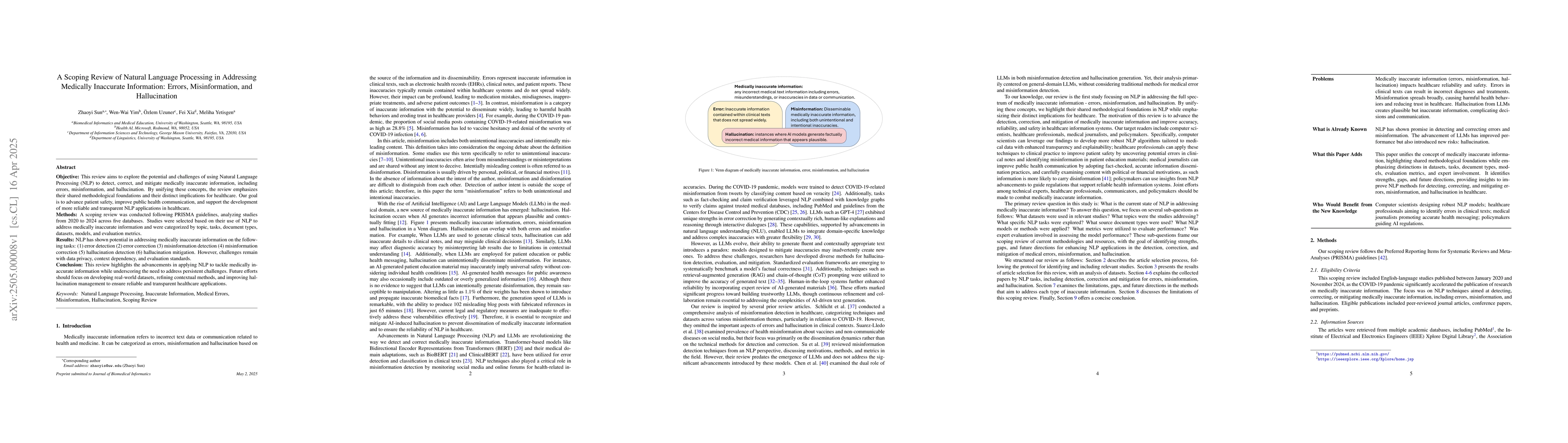 Thumbnail for A Scoping Review of Natural Language Processing in Addressing Medically
  Inaccurate Information: Errors, Misinformation, and Hallucination
