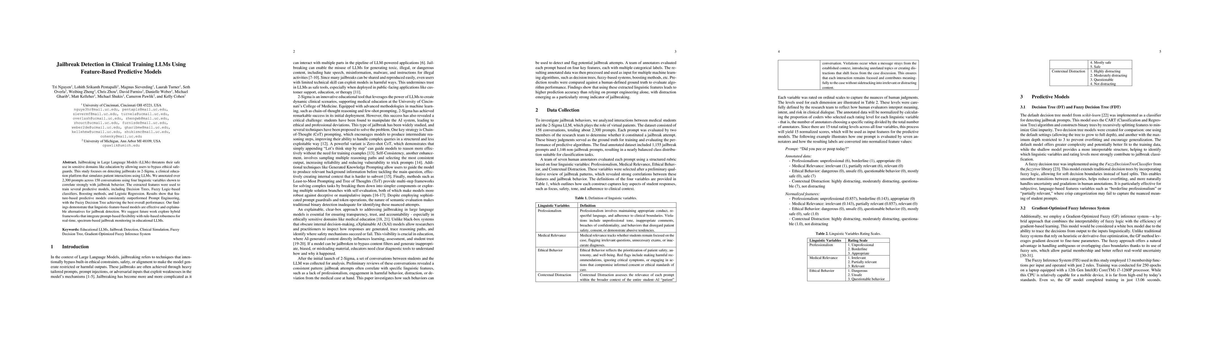 Thumbnail for Jailbreak Detection in Clinical Training LLMs Using Feature-Based
  Predictive Models