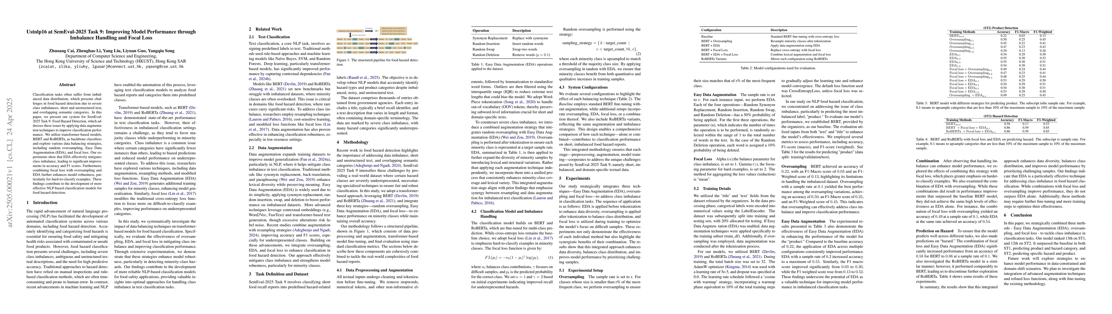 Thumbnail for Ustnlp16 at SemEval-2025 Task 9: Improving Model Performance through
  Imbalance Handling and Focal Loss