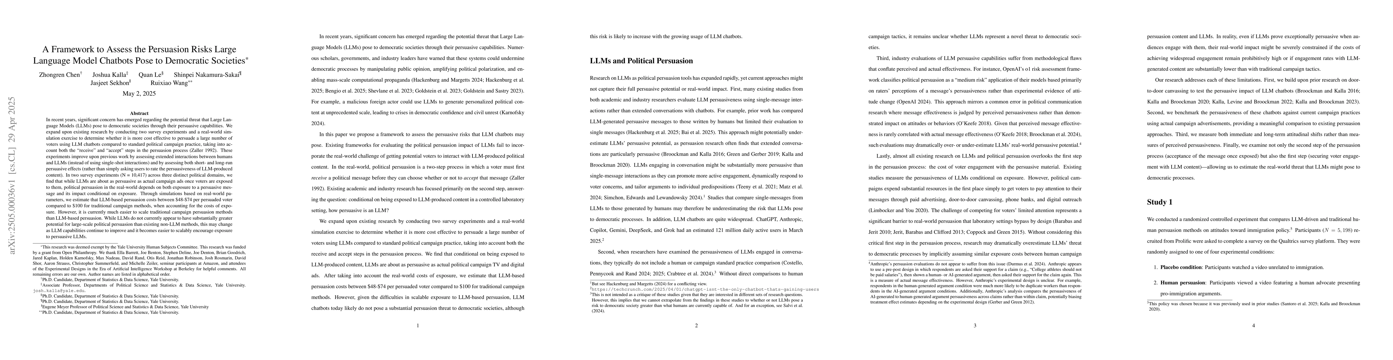 Thumbnail for A Framework to Assess the Persuasion Risks Large Language Model Chatbots
  Pose to Democratic Societies