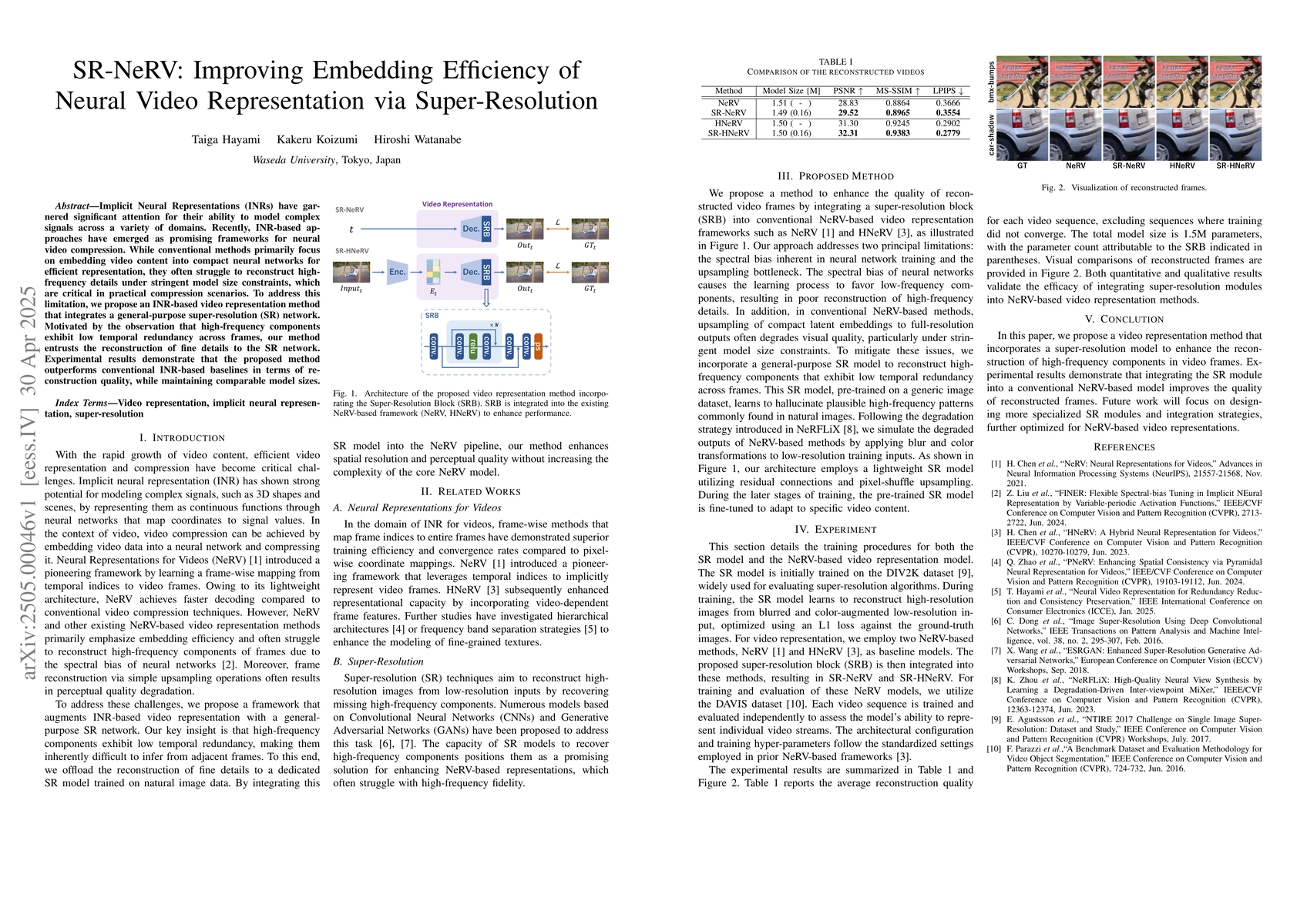 Thumbnail for SR-NeRV: Improving Embedding Efficiency of Neural Video Representation
  via Super-Resolution