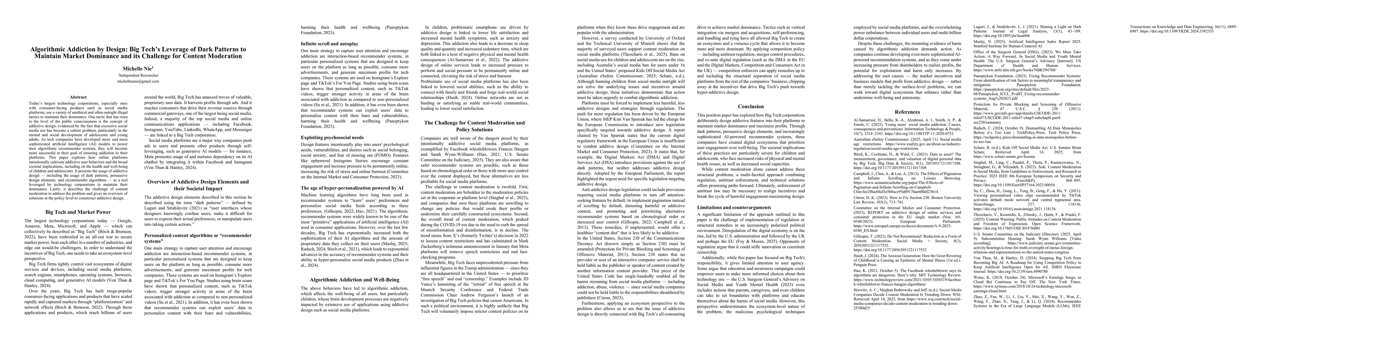 Thumbnail for Algorithmic Addiction by Design: Big Tech's Leverage of Dark Patterns to
  Maintain Market Dominance and its Challenge for Content Moderation
