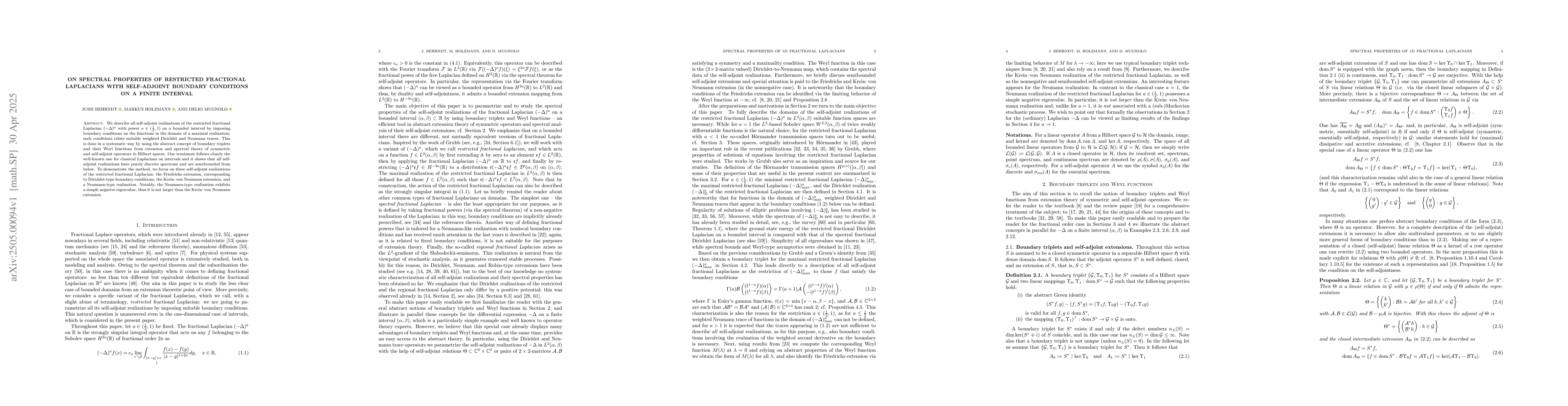 Thumbnail for On Spectral Properties of Restricted Fractional Laplacians with
  Self-adjoint Boundary Conditions on a Finite Interval