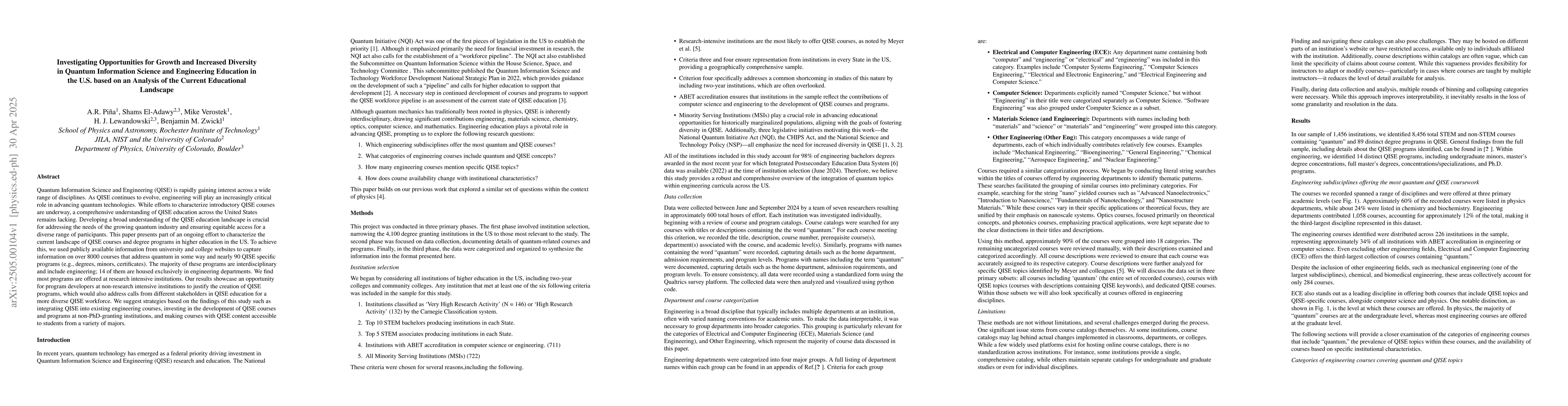 Thumbnail for Investigating Opportunities for Growth and Increased Diversity in
  Quantum Information Science and Engineering Education in the U.S. based on an
  Analysis of the Current Educational Landscape