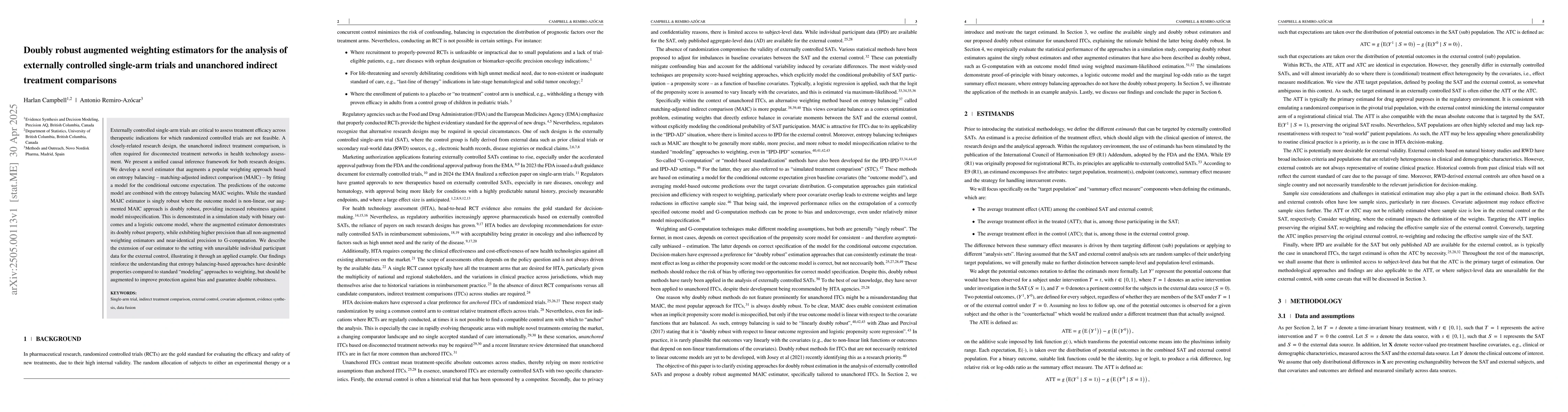 Thumbnail for Doubly robust augmented weighting estimators for the analysis of
  externally controlled single-arm trials and unanchored indirect treatment
  comparisons