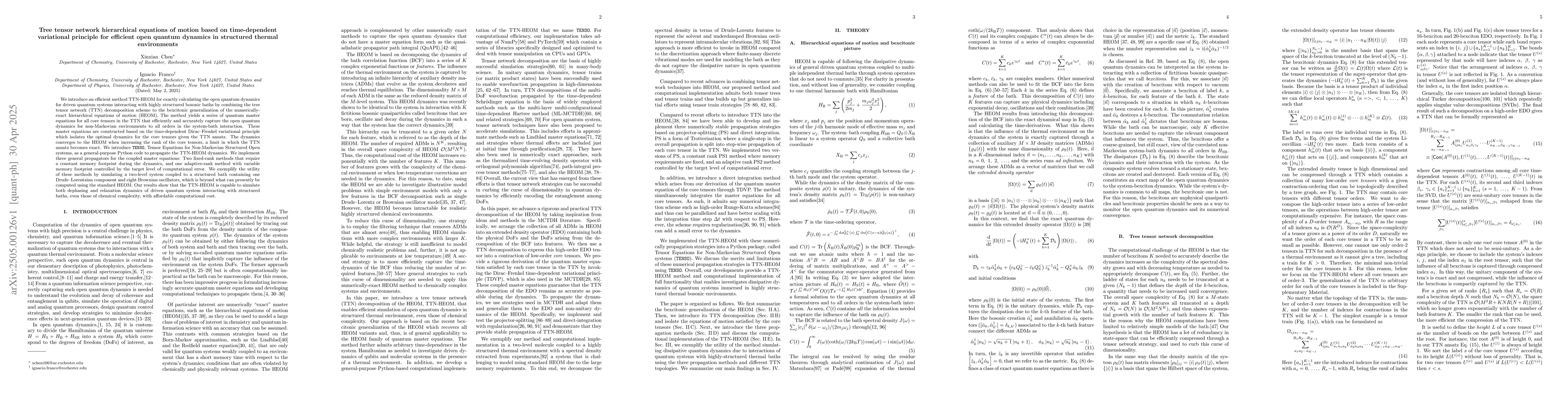 Thumbnail for Tree tensor network hierarchical equations of motion based on
  time-dependent variational principle for efficient open quantum dynamics in
  structured thermal environments