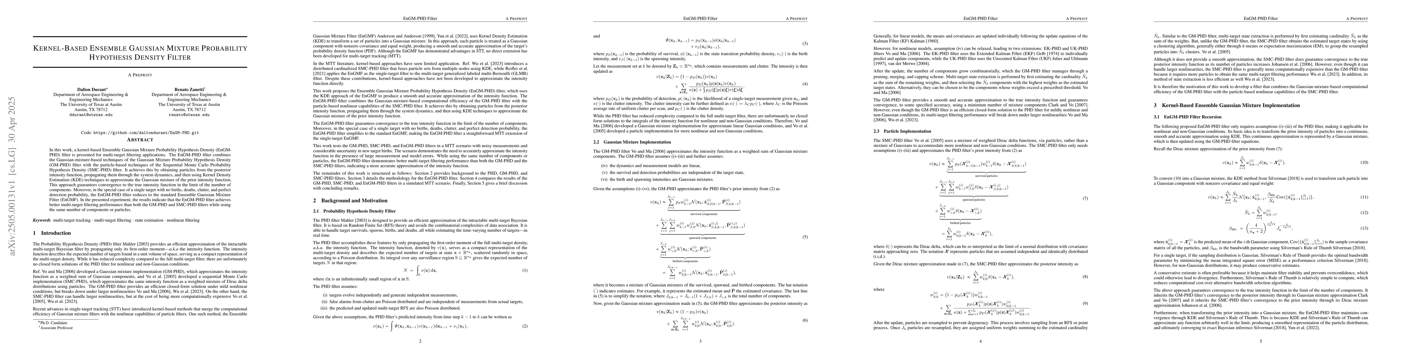 Thumbnail for Kernel-Based Ensemble Gaussian Mixture Probability Hypothesis Density
  Filter