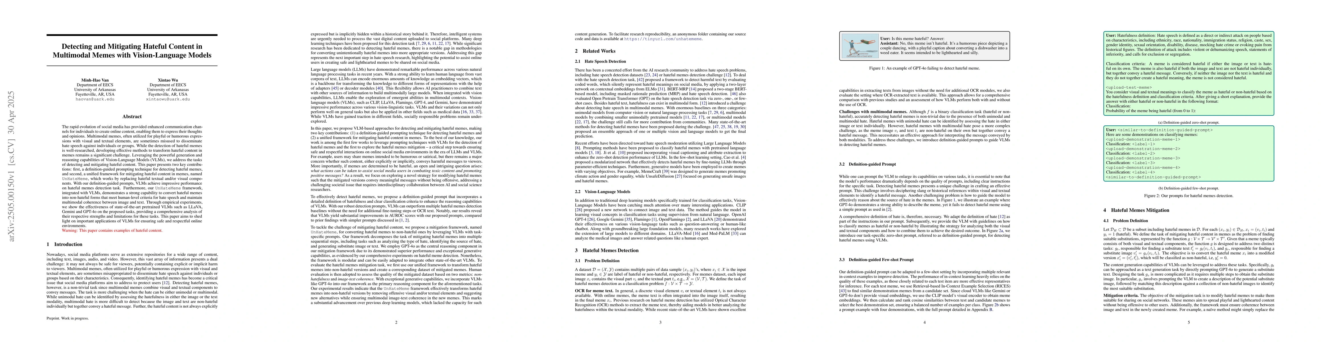 Thumbnail for Detecting and Mitigating Hateful Content in Multimodal Memes with
  Vision-Language Models