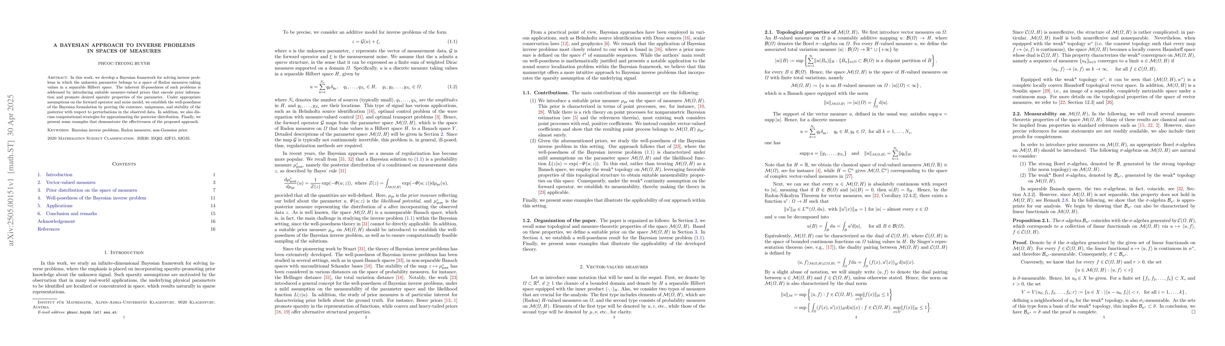 Thumbnail for A Bayesian approach to inverse problems in spaces of measures