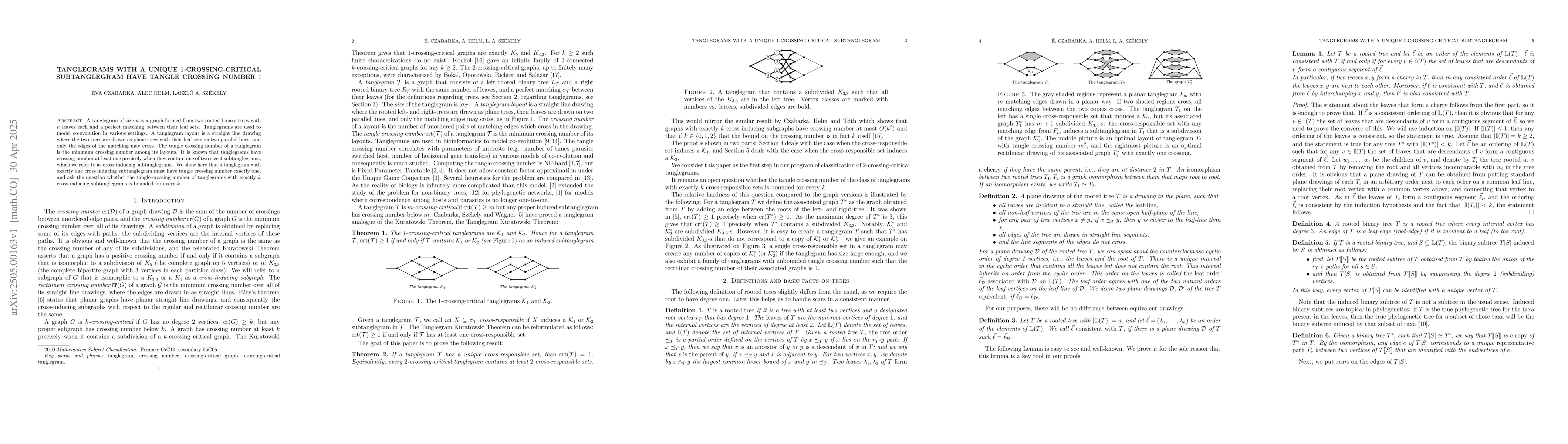 Thumbnail for Tanglegrams with a Unique 1-Crossing-Critical Subtanglegram have Tangle
  Crossing Number 1