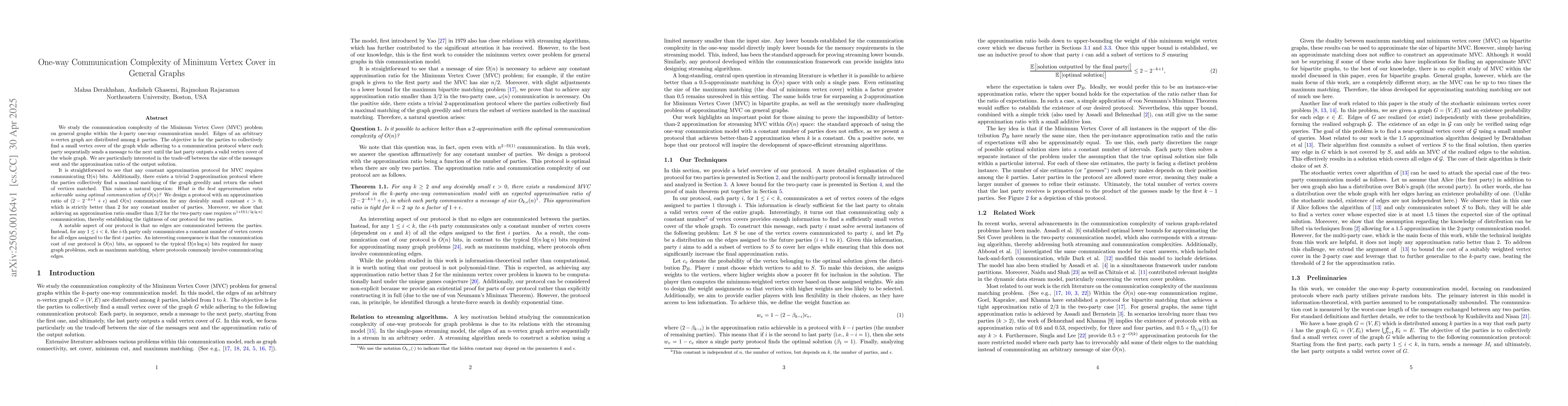 Thumbnail for One-way Communication Complexity of Minimum Vertex Cover in General
  Graphs