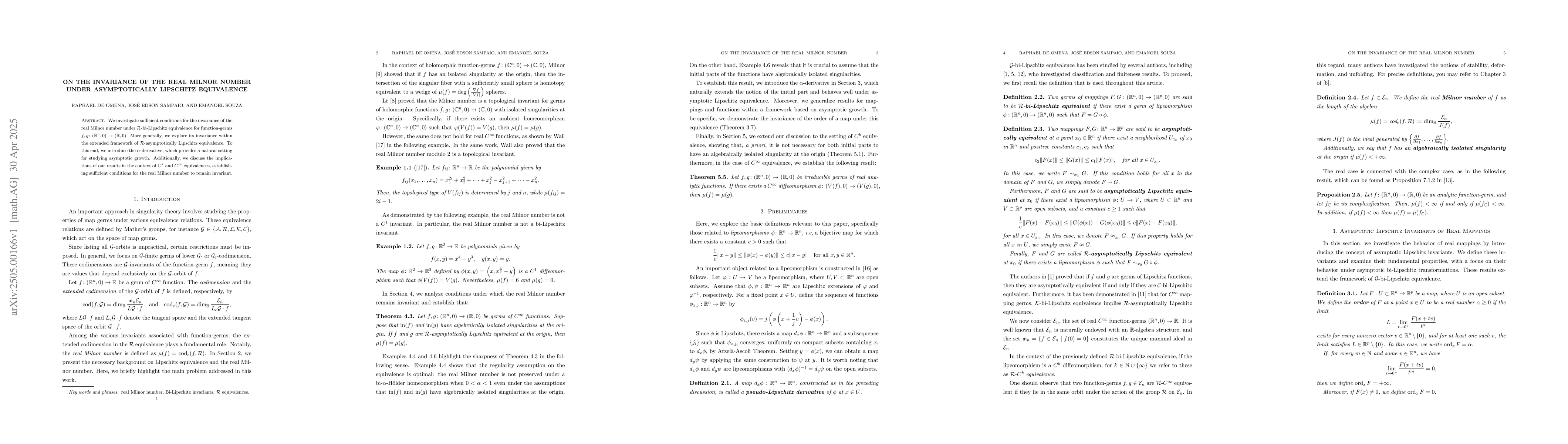 Thumbnail for On the Invariance of the Real Milnor Number under Asymptotically
  Lipschitz Equivalence