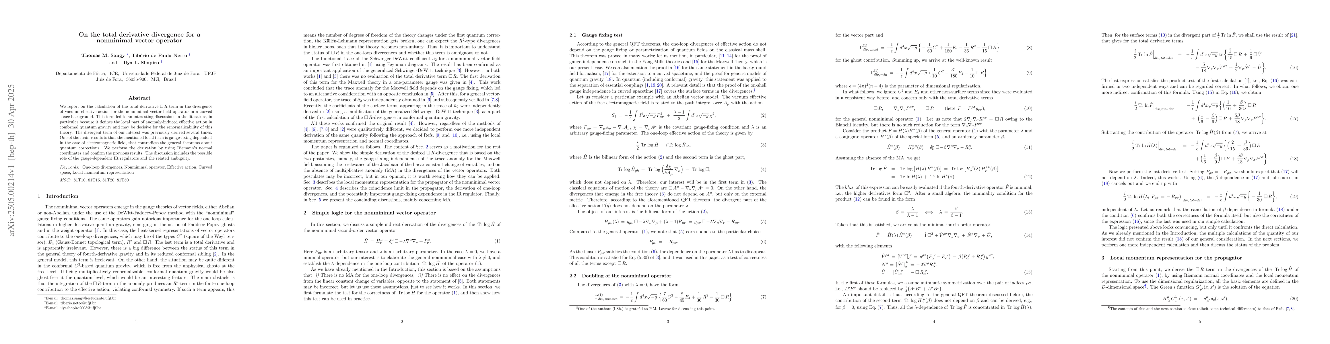 Thumbnail for On the total derivative divergence for a nonminimal vector operator