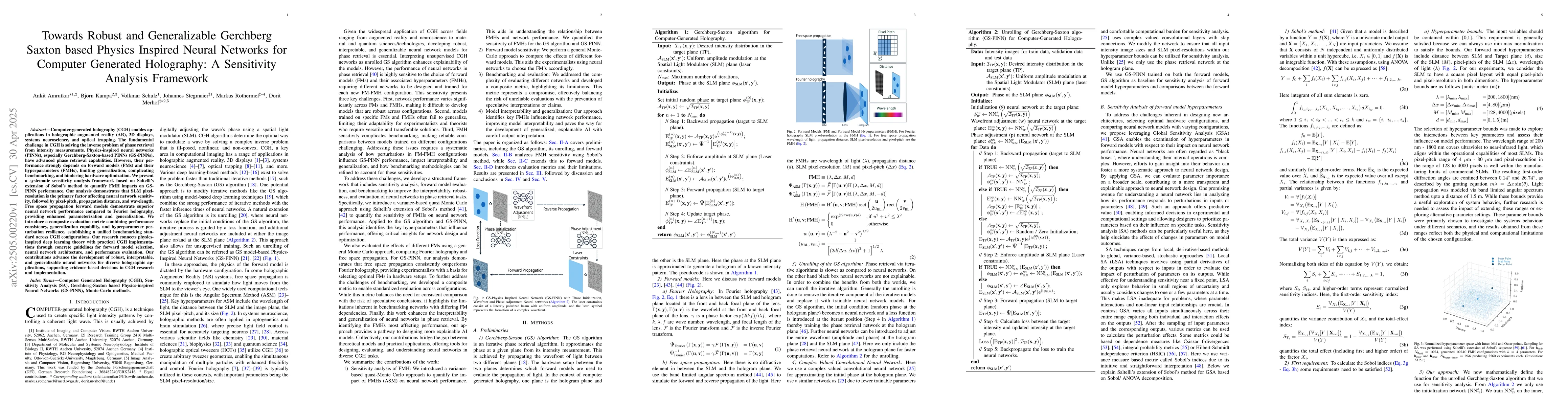 Thumbnail for Towards Robust and Generalizable Gerchberg Saxton based Physics Inspired
  Neural Networks for Computer Generated Holography: A Sensitivity Analysis
  Framework