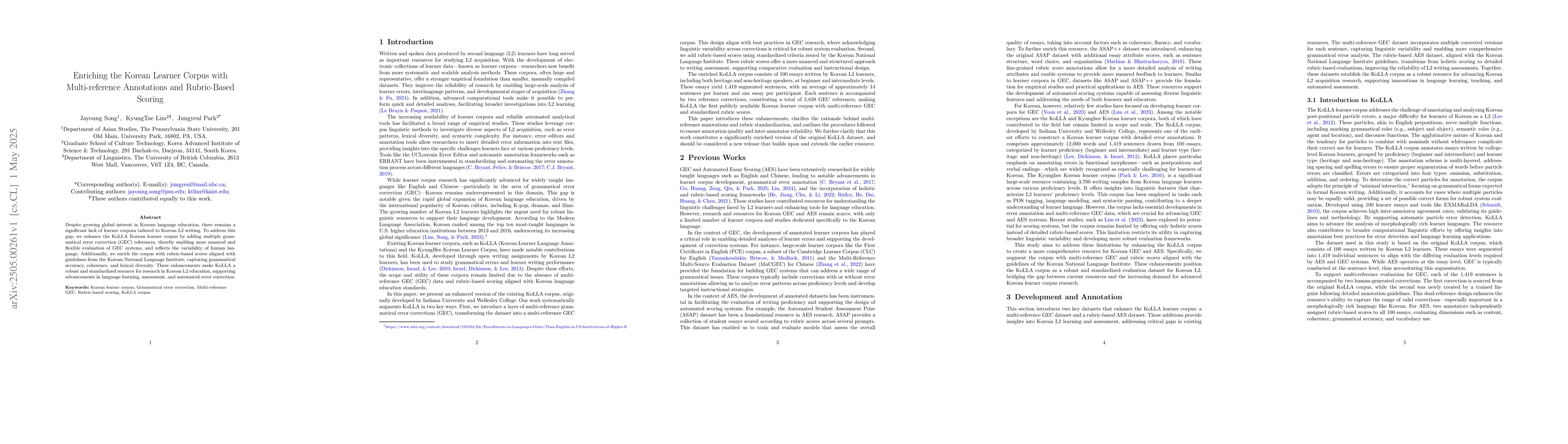 Thumbnail for Enriching the Korean Learner Corpus with Multi-reference Annotations and
  Rubric-Based Scoring