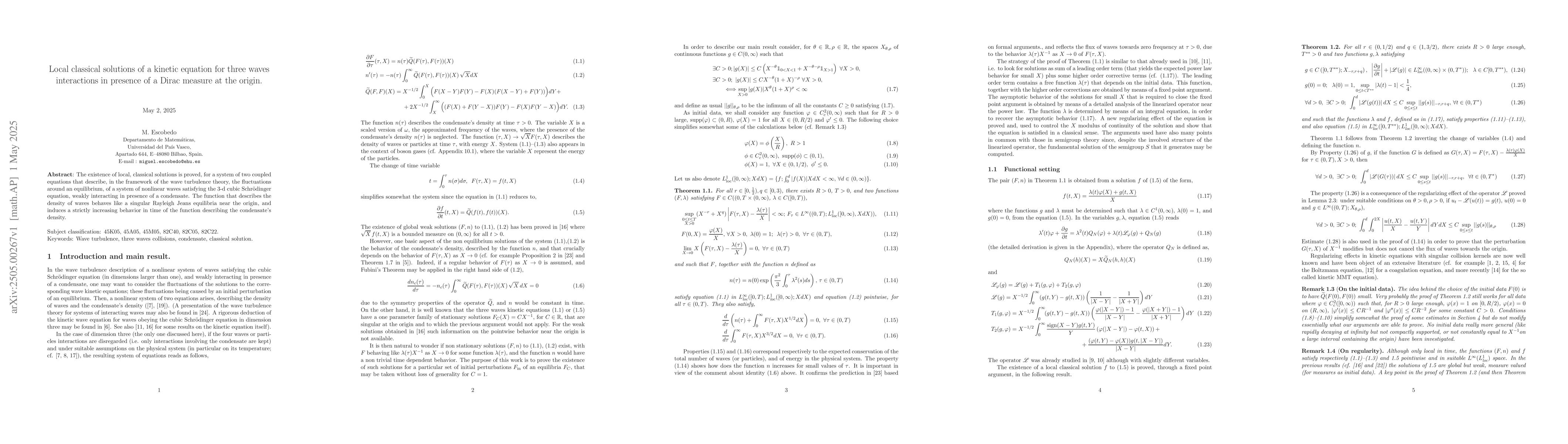 Thumbnail for Local classical solutions of a kinetic equation for three waves
  interactions in presence of a Dirac measure at the origin