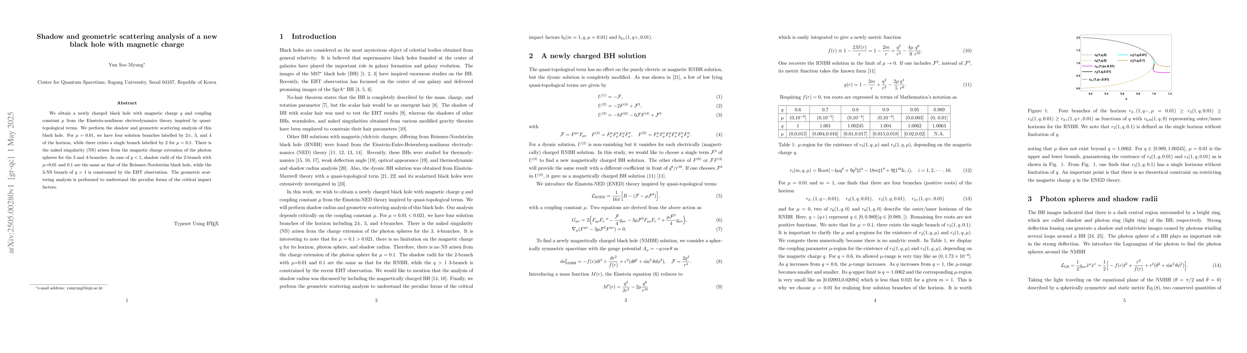 Thumbnail for Shadow and geometric scattering analysis of a new black hole with
  magnetic charge