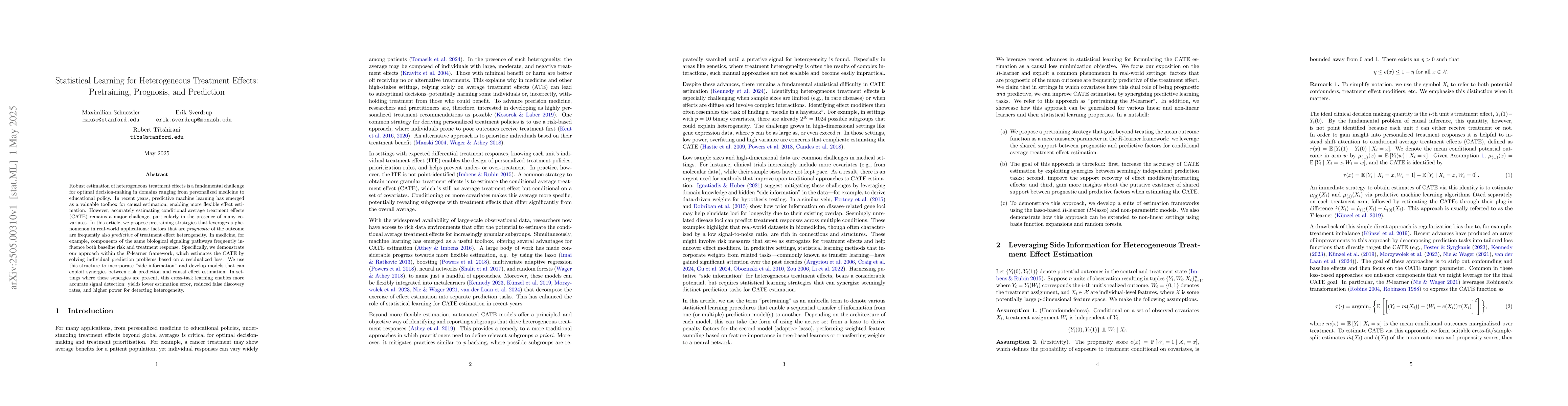 Thumbnail for Statistical Learning for Heterogeneous Treatment Effects: Pretraining,
  Prognosis, and Prediction