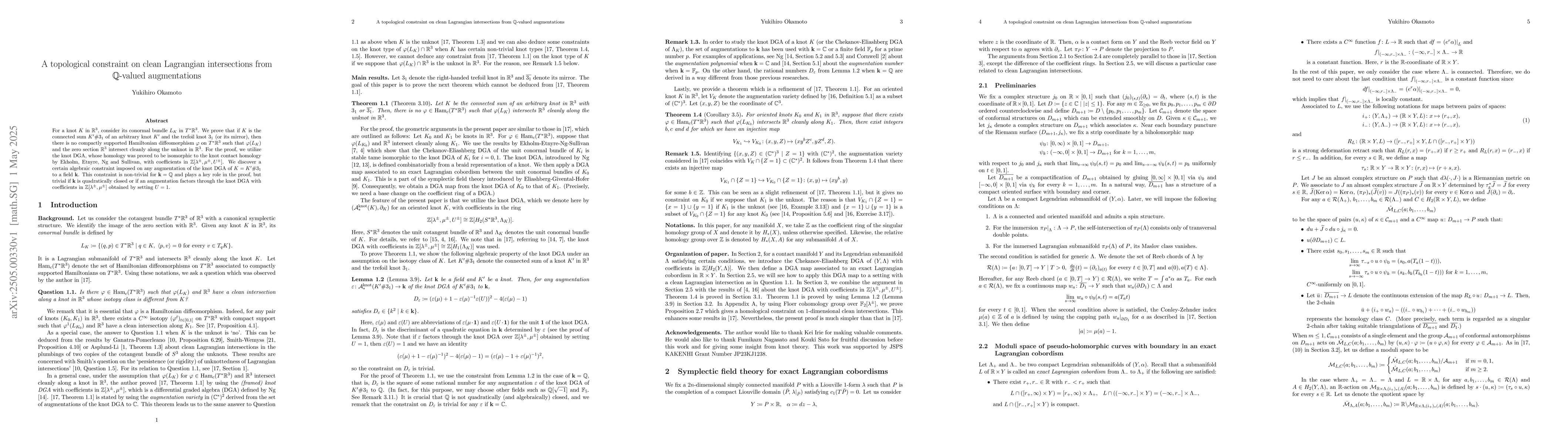 Thumbnail for A topological constraint on clean Lagrangian intersections from
  $\mathbb{Q}$-valued augmentations
