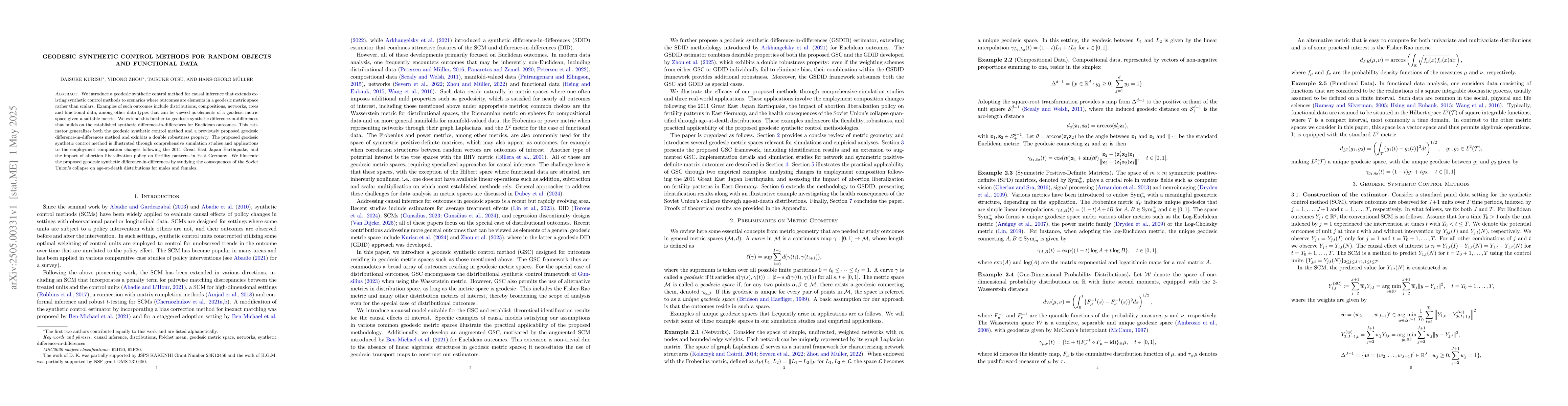 Thumbnail for Geodesic Synthetic Control Methods for Random Objects and Functional
  Data