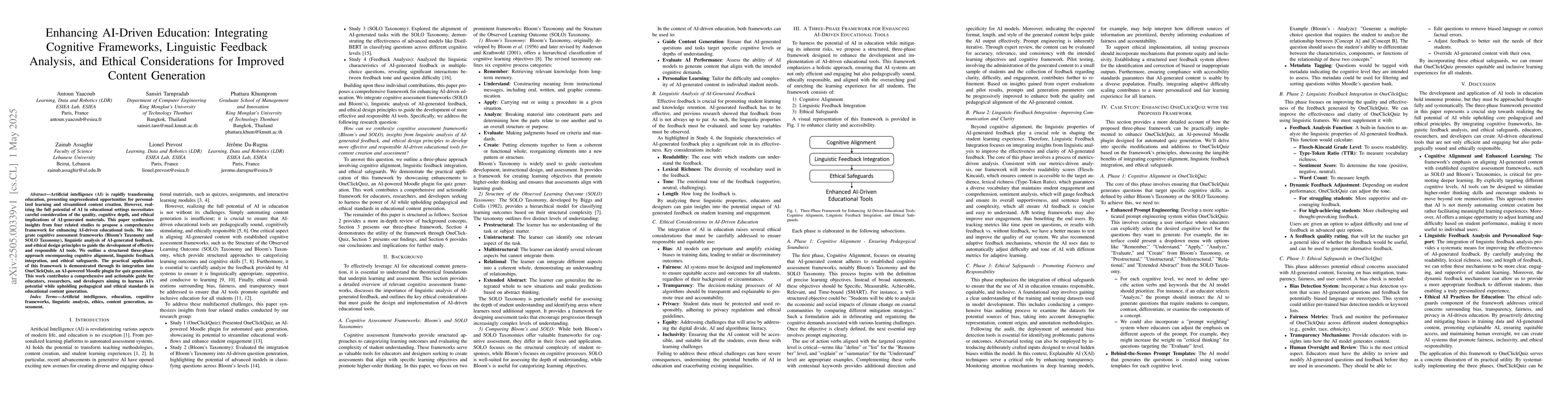Thumbnail for Enhancing AI-Driven Education: Integrating Cognitive Frameworks,
  Linguistic Feedback Analysis, and Ethical Considerations for Improved Content
  Generation