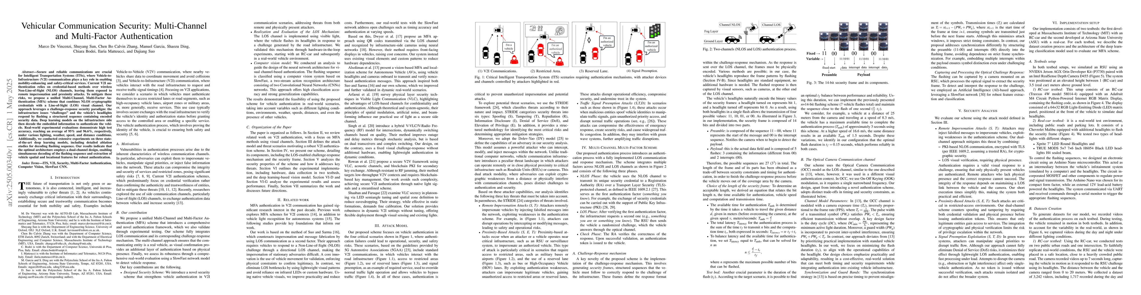 Thumbnail for Vehicular Communication Security: Multi-Channel and Multi-Factor
  Authentication