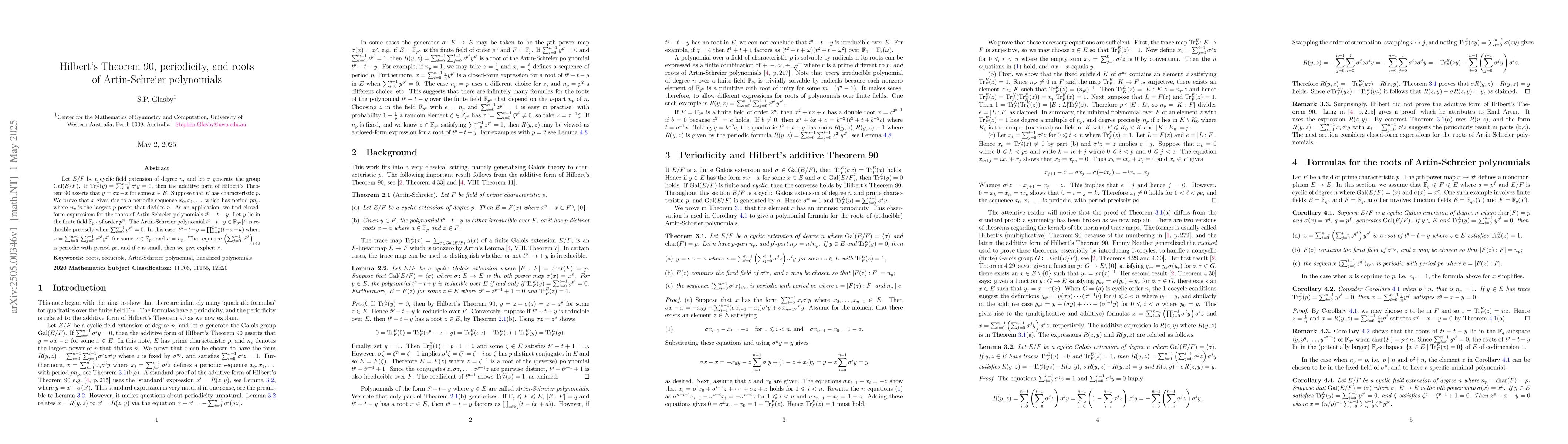 Thumbnail for Hilbert's Theorem 90, periodicity, and roots of Artin-Schreier
  polynomials
