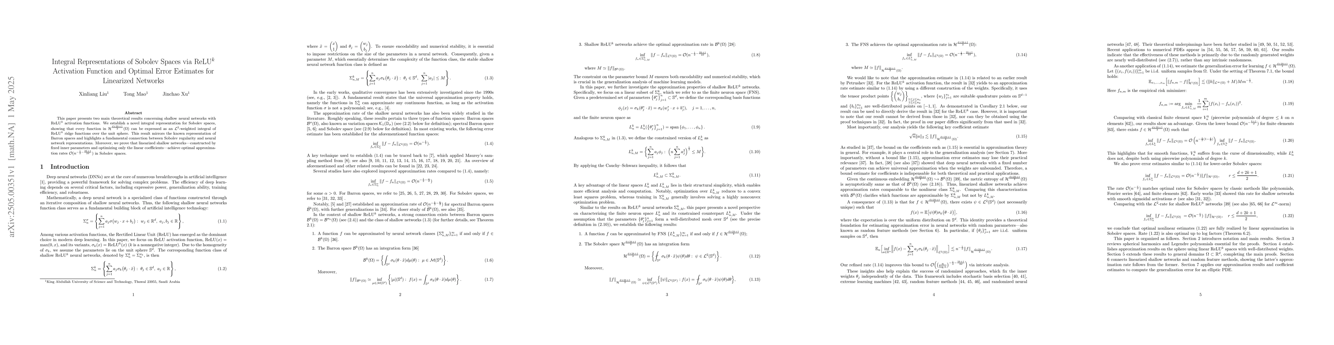 Thumbnail for Integral Representations of Sobolev Spaces via ReLU$^k$ Activation
  Function and Optimal Error Estimates for Linearized Networks