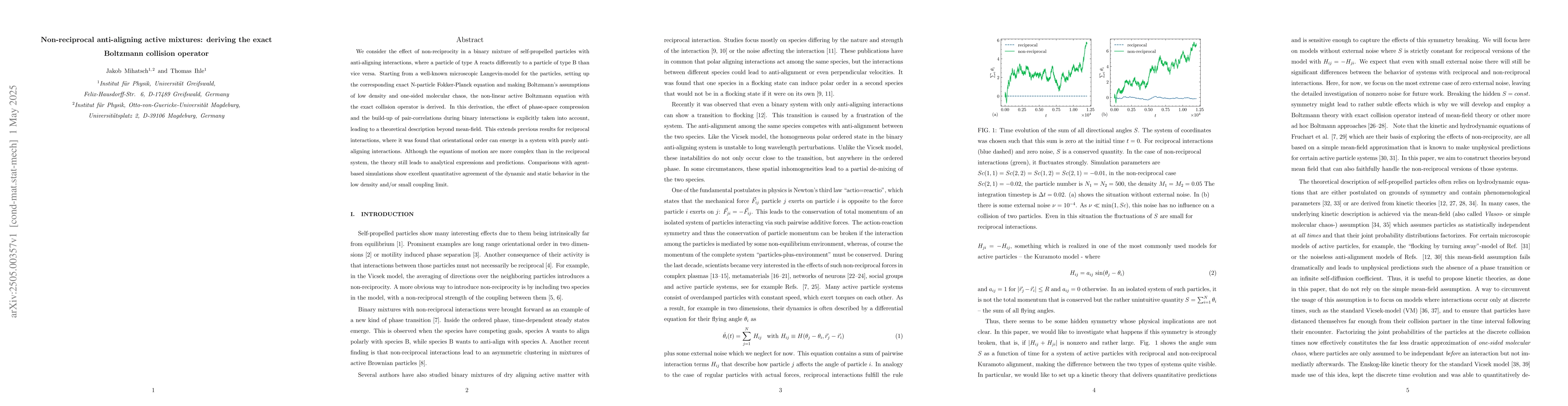 Thumbnail for Non-reciprocal anti-aligning active mixtures: deriving the exact
  Boltzmann collision operator