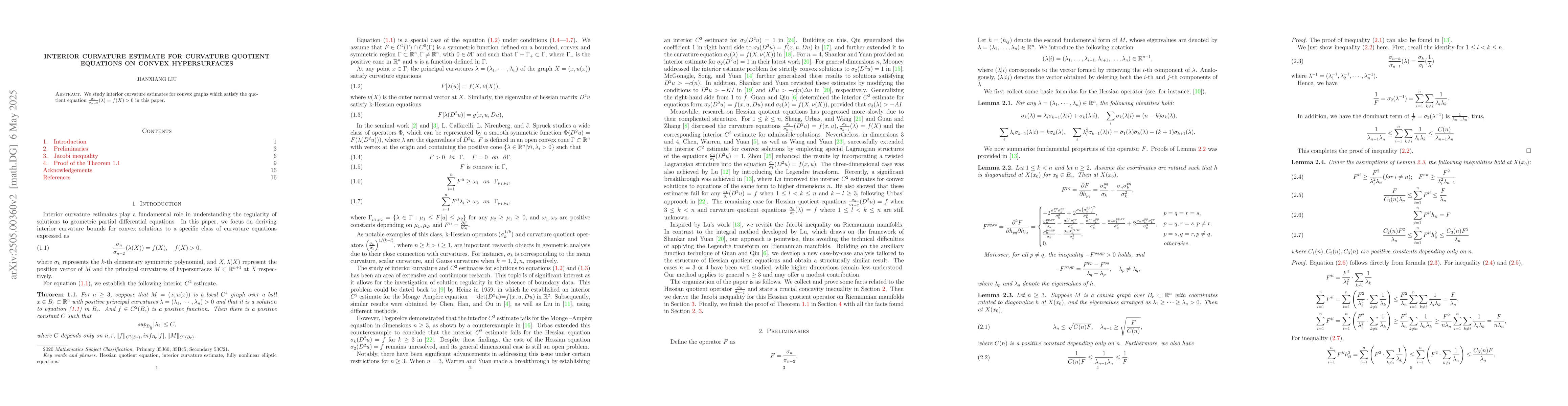 Thumbnail for Interior curvature estimate for curvature quotient equations on convex
  hypersurfaces