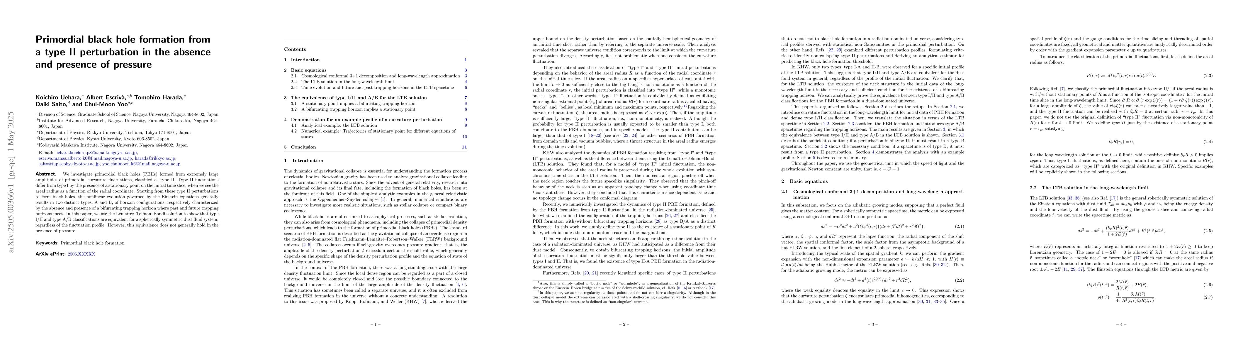 Thumbnail for Primordial black hole formation from a type II perturbation in the
  absence and presence of pressure
